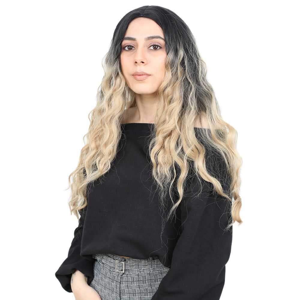 Su Dalgası Uzun Perçemsiz Fiber Sentetik Peruk / Siyah / Balköpüğü Ombreli