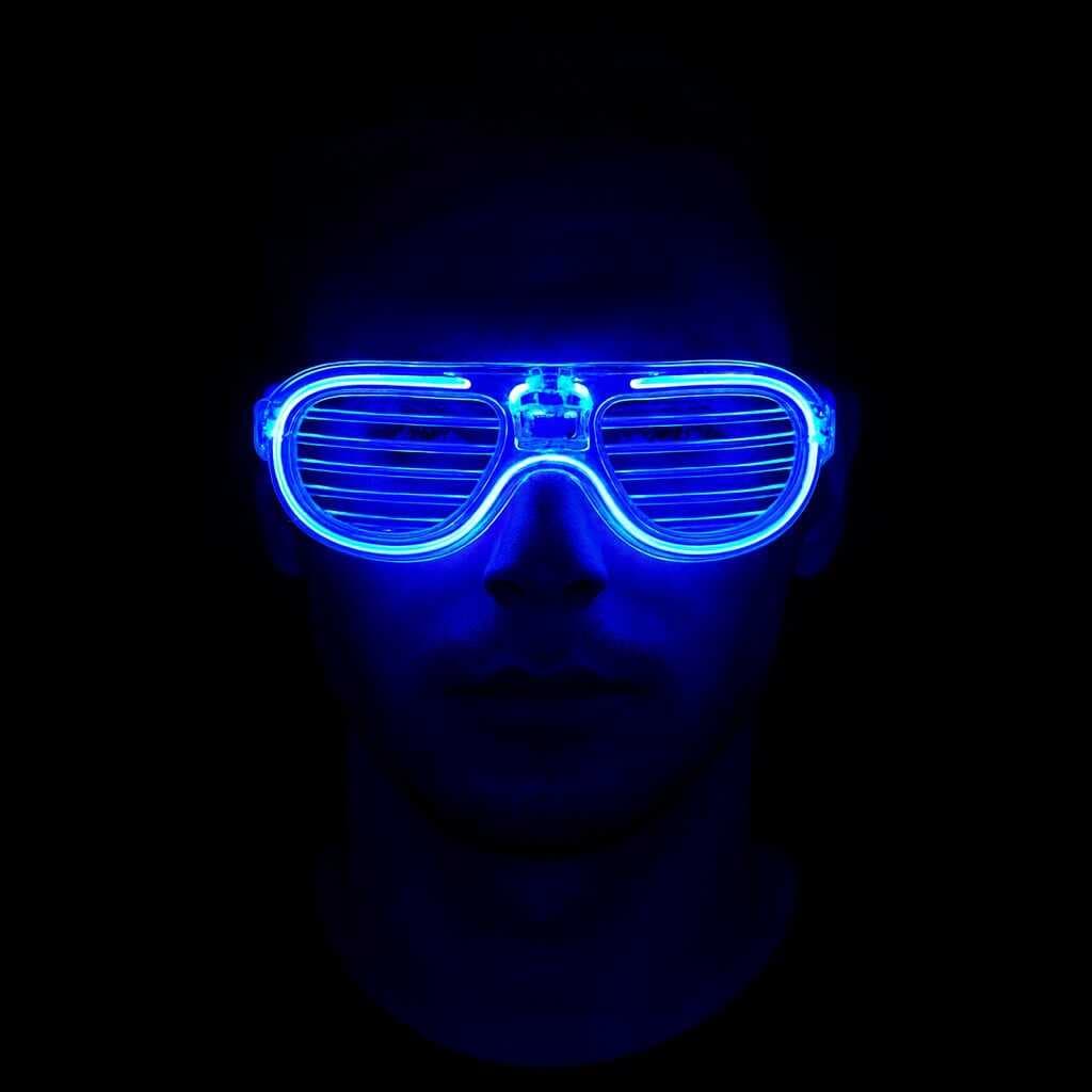 Mavi Led Işıklı Parti Gözlüğü - Şerit Gözlük 3 Modlu