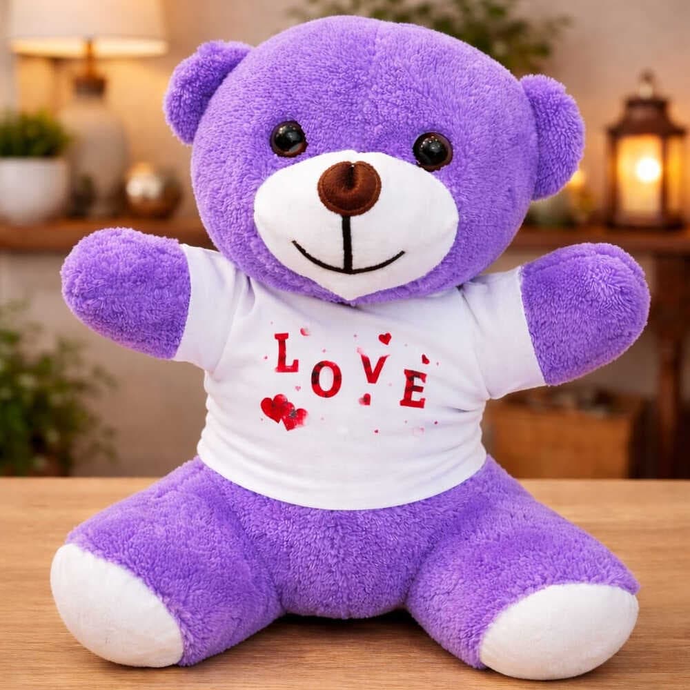 Love Baskılı Tişörtlü Peluş Mor Ayıcık