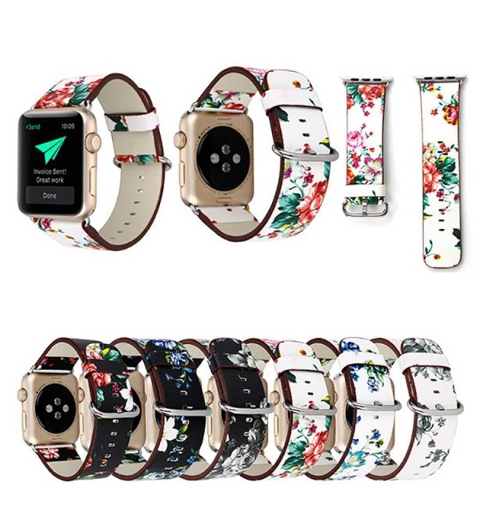 Ally Apple Watch 7-8 45mm 6-5-4 44mm Gül Desenli Pu Deri Kordon Kayış 3-2-1 42mm-(5775)