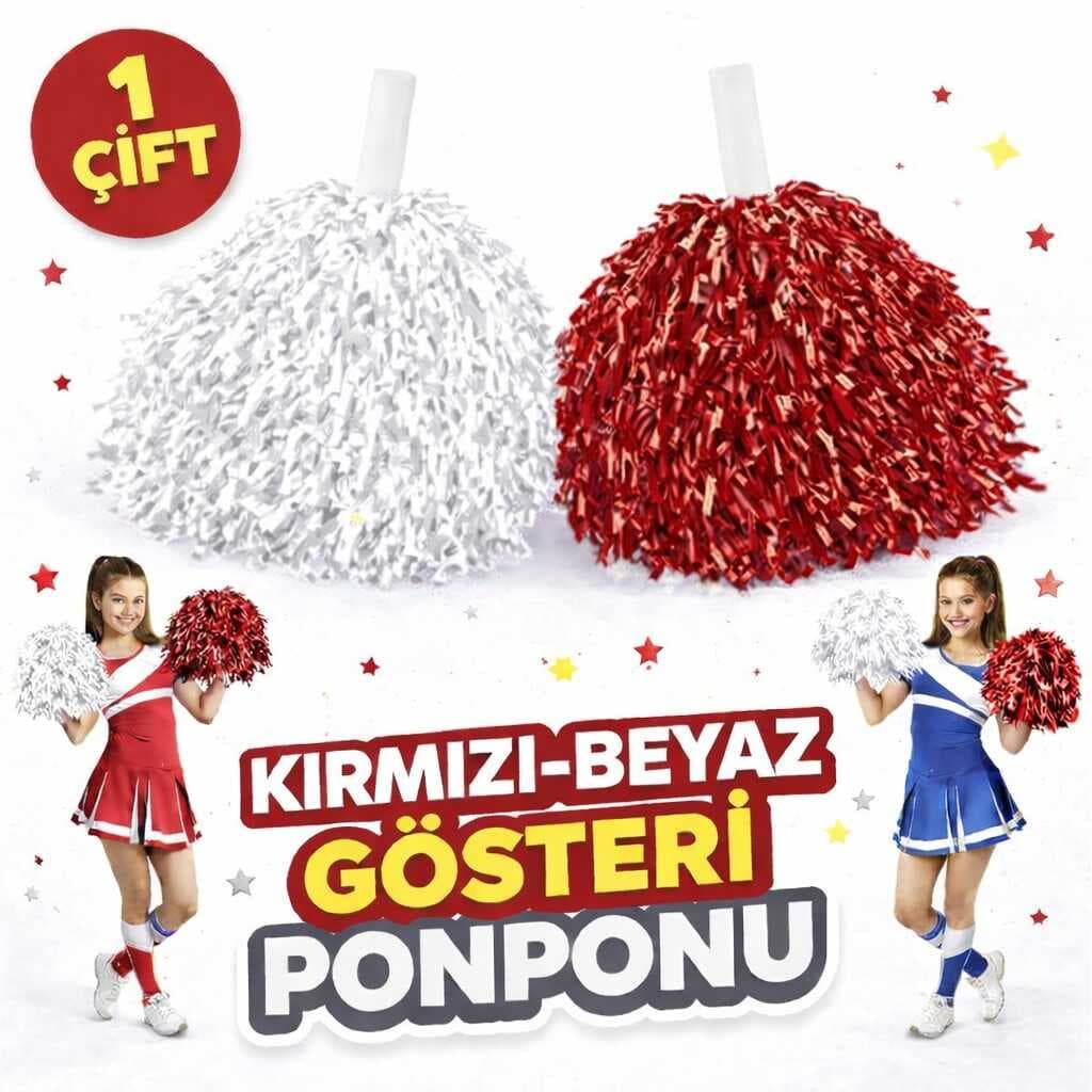 1 Çift Kırmızı - Beyaz Okul Gösteri Ponponları - Ekstra Dolgun