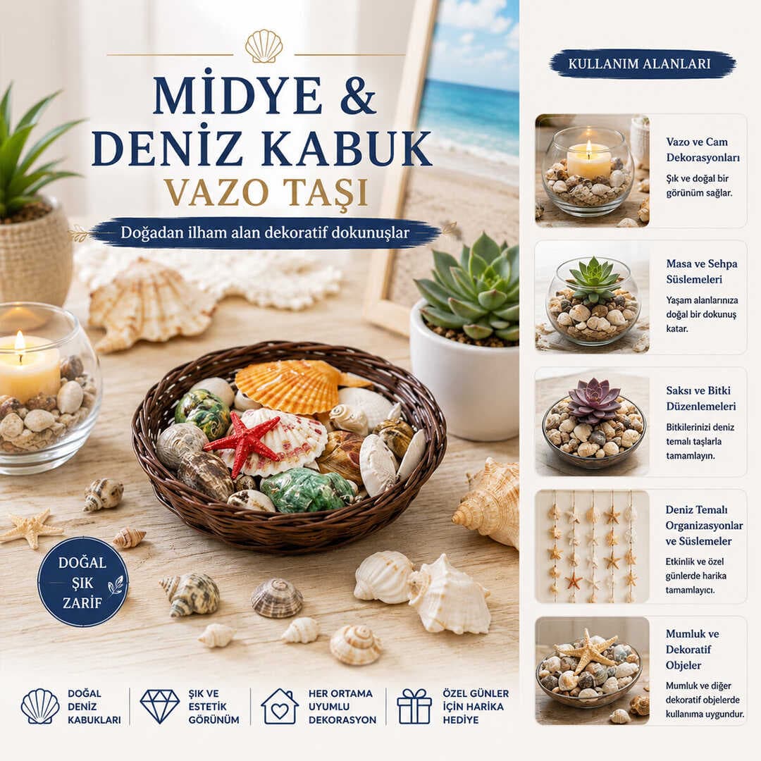 YUVARLAK AHŞAP SEPET RENKLİ MİX MİDYE - DENİZ KABUK VAZO TAŞI (5430)