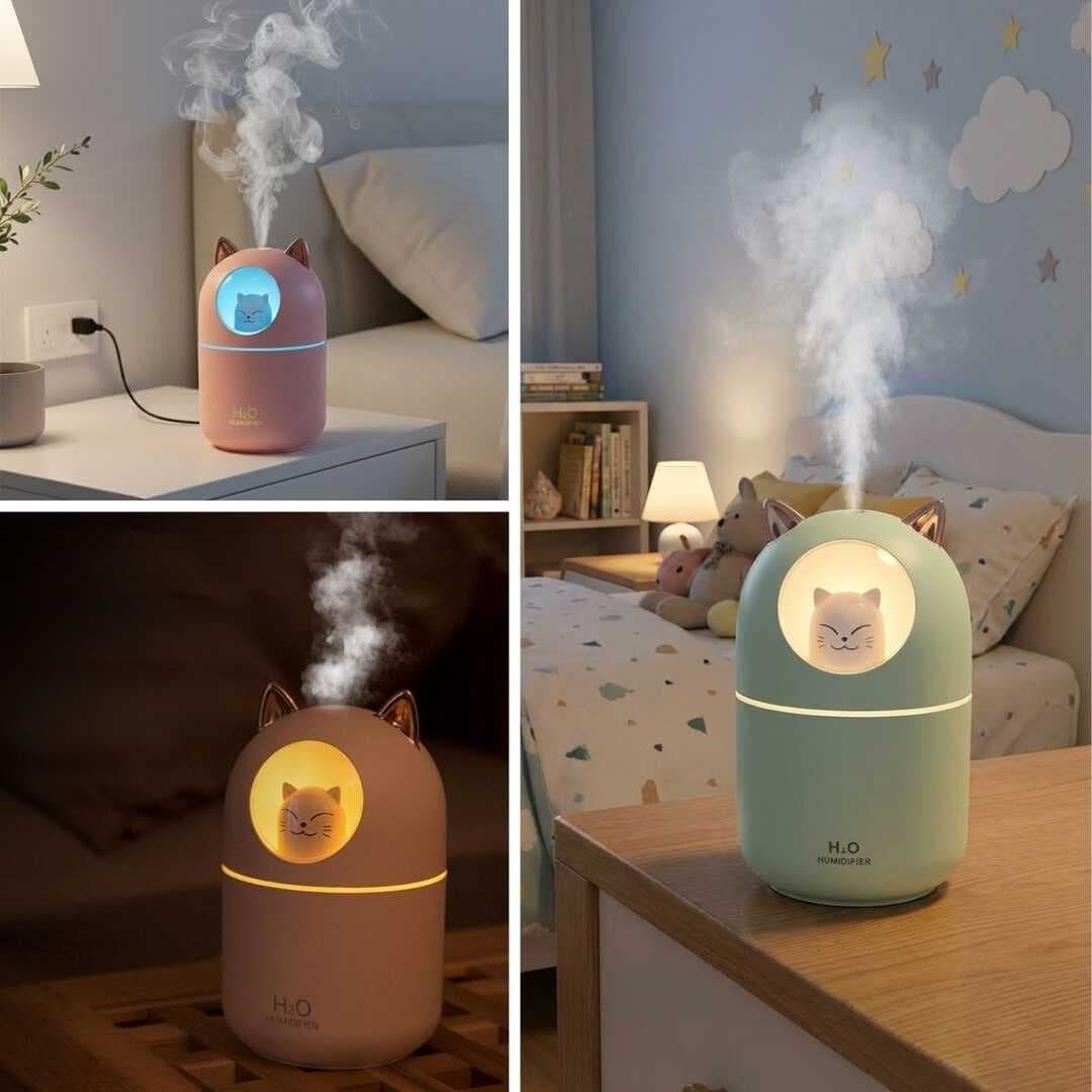 Kedicik Figürlü Hava Nemlendirici – Ultrasonik Soğuk Buhar Makinesi, LED Işıklı Masaüstü Oda Nemlendirici (5430)
