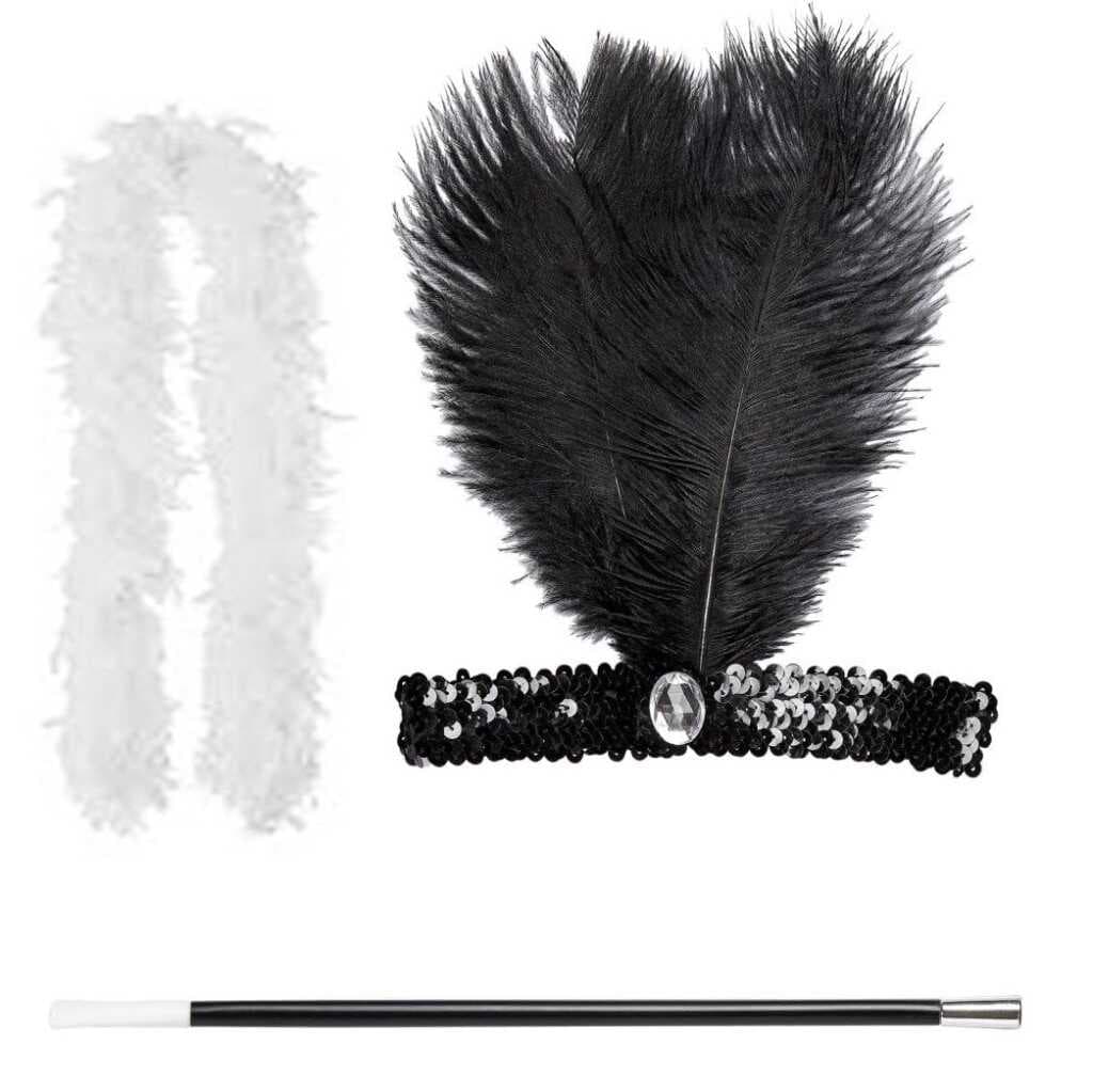 Retro Charliston Beyaz Otrişli Aksesuar Seti – 20&amp;#39;ler 90&amp;#39;lar Gatsby Kostüm Seti