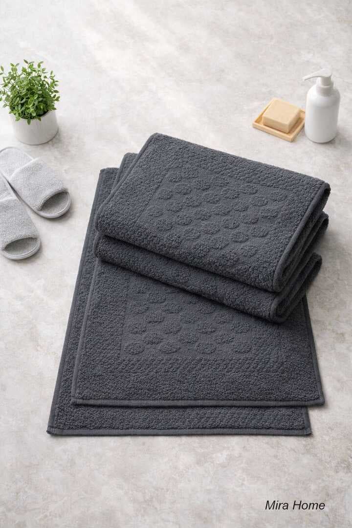 3lü Pamuklu Ayak Havlusu Seti Kabartma Desenli 50x70 Cm Antrasit