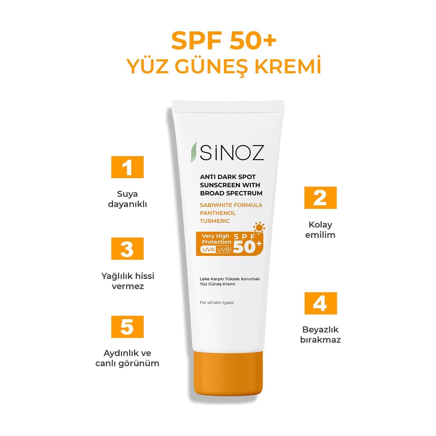 Sinoz SPF 50+ Yüz Güneş Kremi - Normal ve Kuru Ciltler için Günlük Kullanım 50 ML
