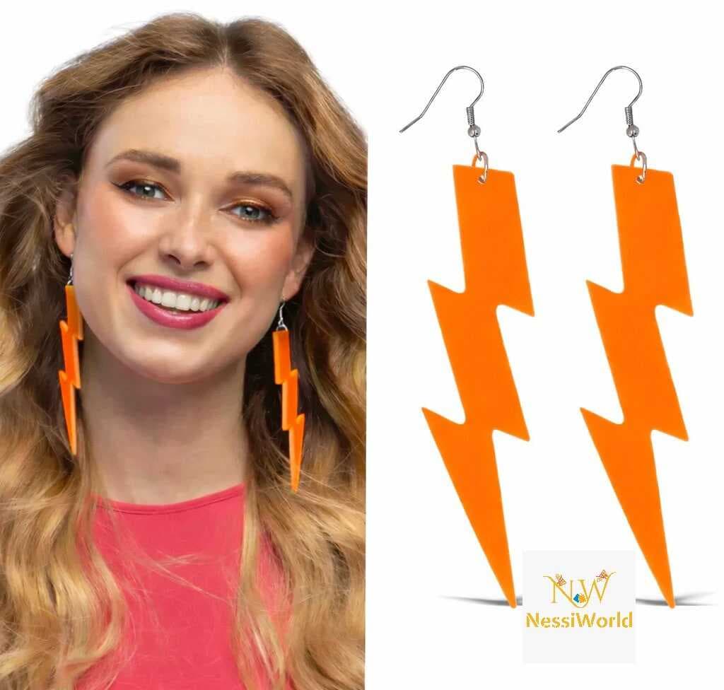 80’ler 90&amp;#39;lar Retro Neon Turuncu Şimşek Küpe 10 cm