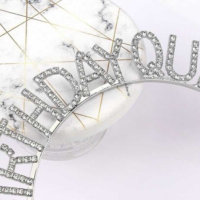 Gümüş Renk Kristal Taşlı Parlak Birthday Queen Yazılı Kraliçe Taç 16x17 cm (4767)