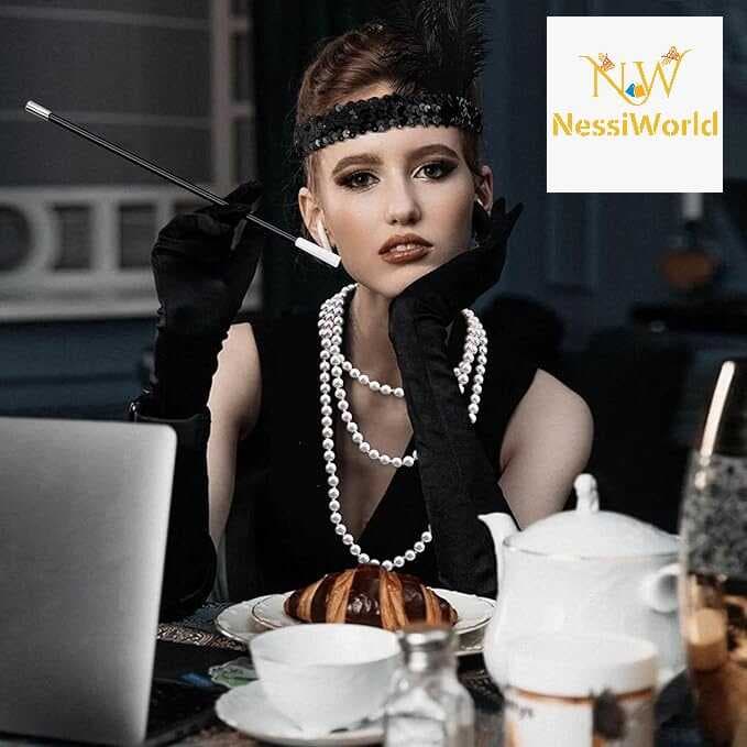 1920’ler Çarliston Aksesuar Seti – İnci Kolye, Eldiven, Sigara Tutucu, Siyah Saç Bandı