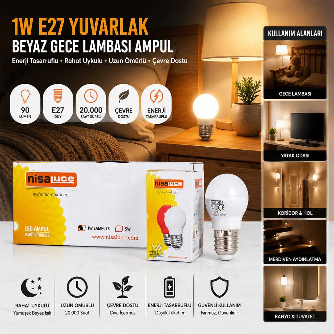 10 ADET 1W E27 BEYAZ YUVARLAK GECE LAMBASI LED AMPUL (5430)