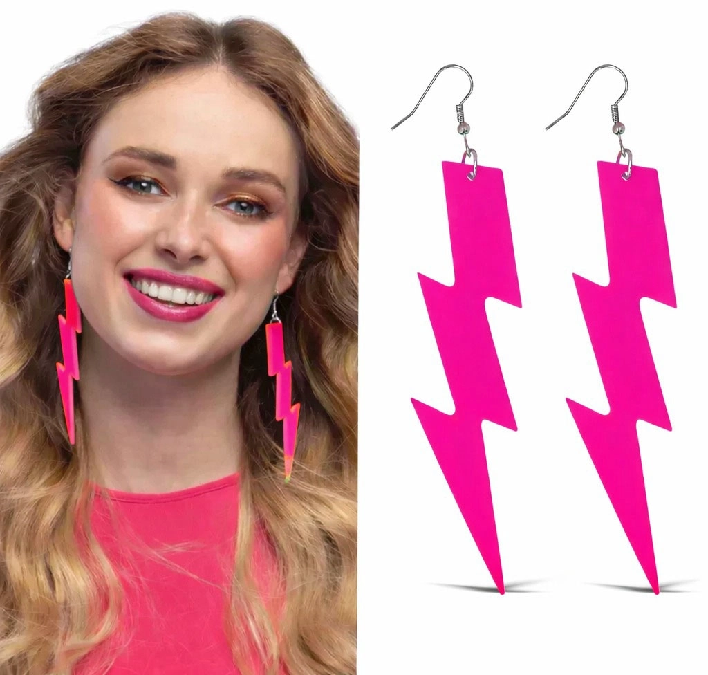 80’ler 9039lar Retro Neon Pembe Şimşek Küpe 10 Cm