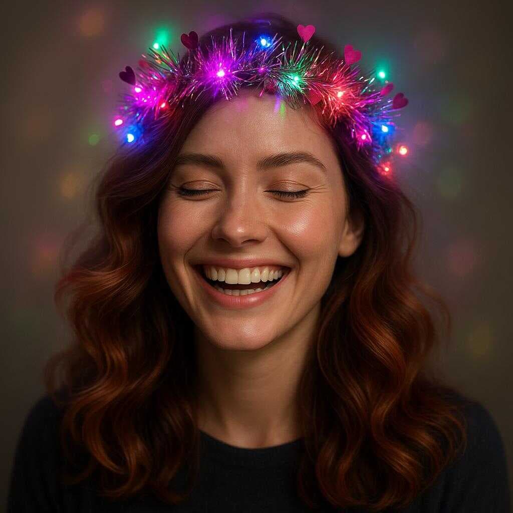 Kalp Püsküllü Gece Parıltısı 3 Modlu LED&amp;apos;li Işıklı Taç Fuşya Renk (5430)