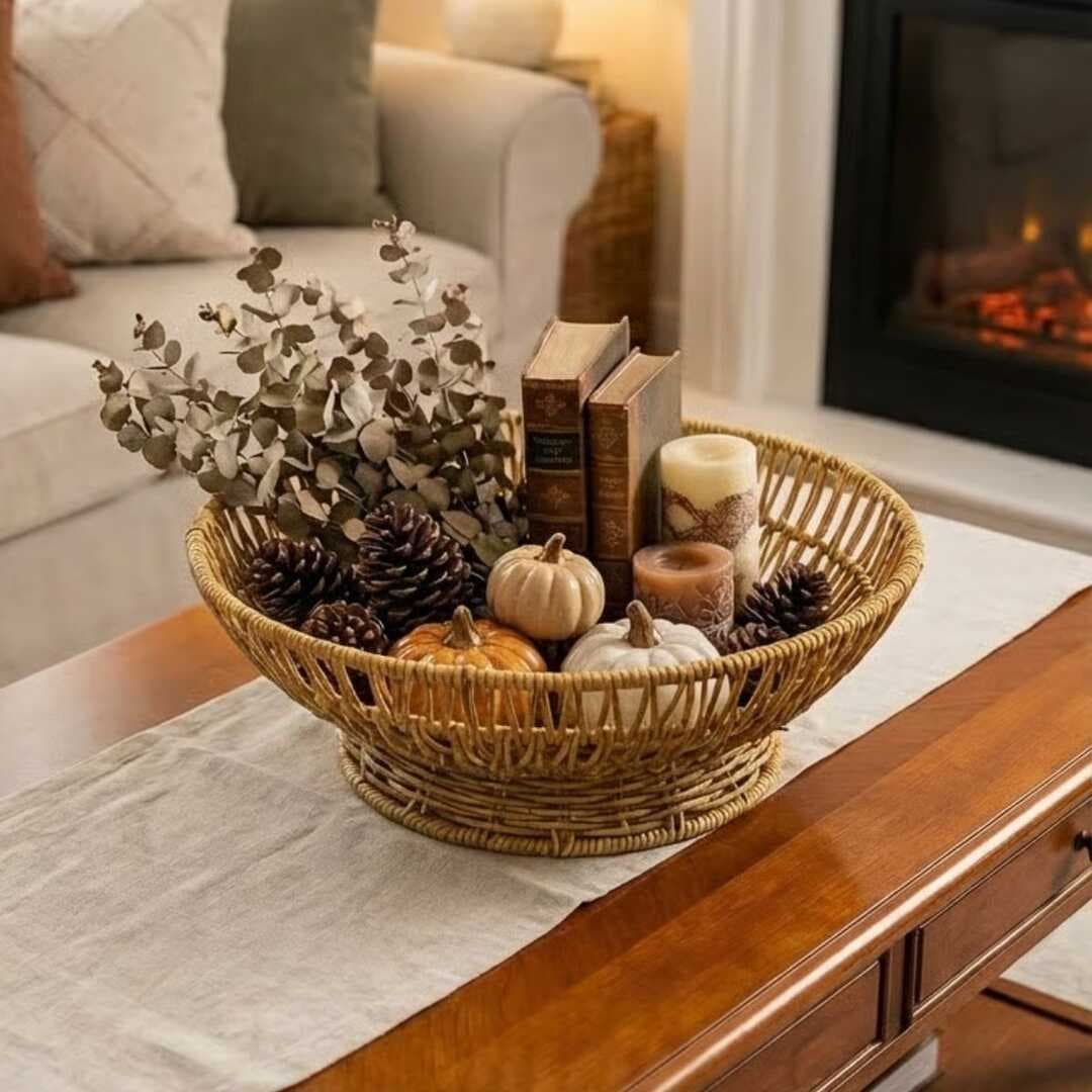 31 cm Plastik Rattan Servis Çanağı – Doğal Hasır Görünümlü Dekoratif Meyve, Ekmek ve Sunum Kasesi (5430)