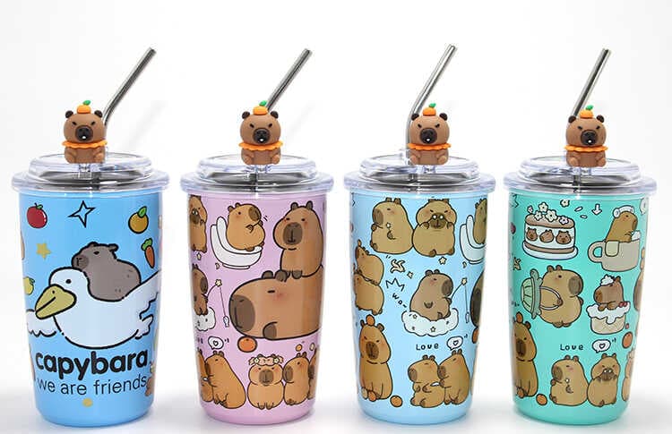 Capybara Figürlü Isı Muhafazalı Metal Pipetli Paslanmaz Çelik Kupa