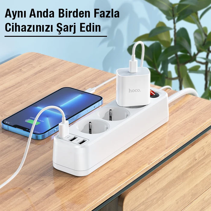 HOCO NS2 3'lü Priz 3 USB 4000W 1.8 Metre Şarj Uzatma Kablosu Akım Korumalı-(5775)