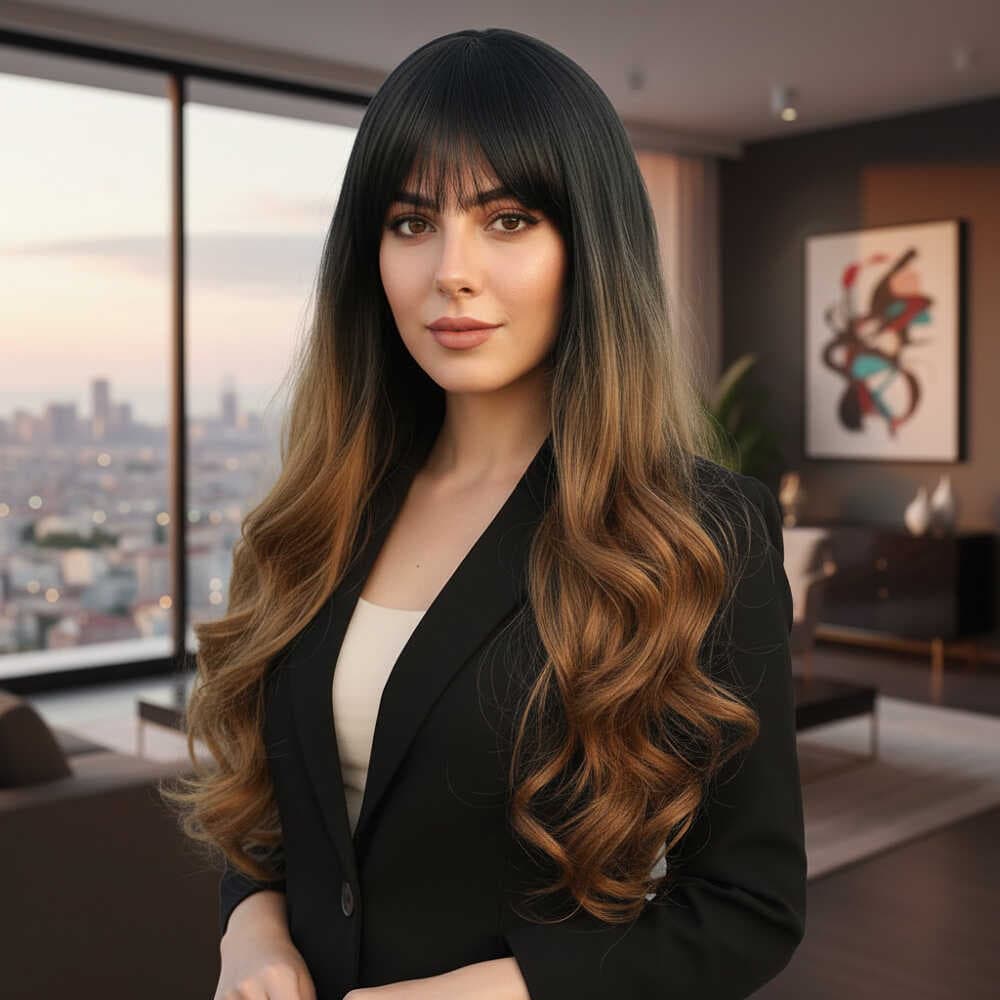 Kahküllü Uzun Dalgalı Fiber Sentetik Peruk / Siyah / Karamel Ombreli