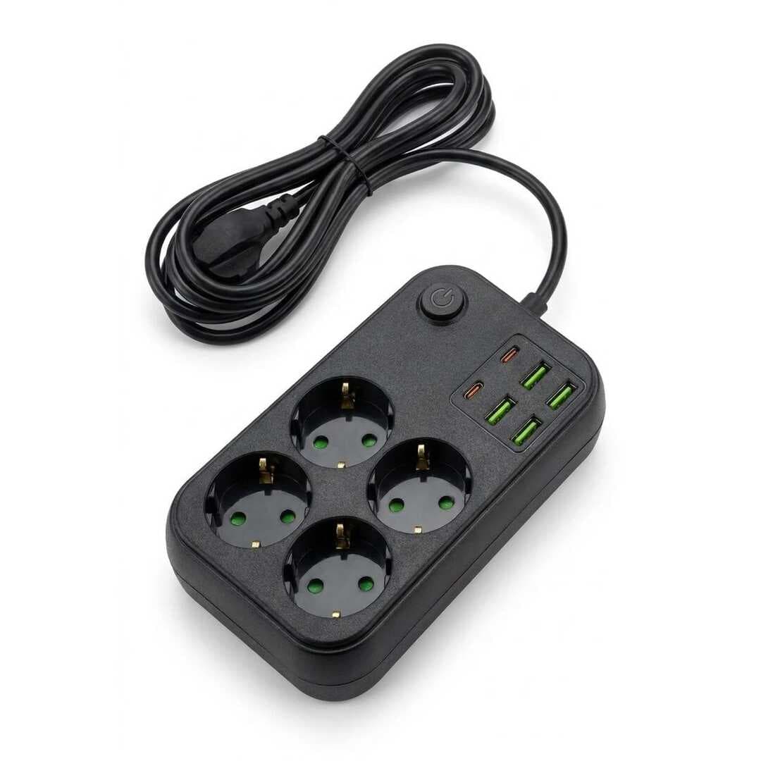 Çoklu Priz Uzatma Kablosu 4 Soket + 4 USB + 2 Type-C – Termal Akım Korumalı, Isıya Dayanıklı, Çocuk Korumalı Güvenli Priz 100-250V (5430)