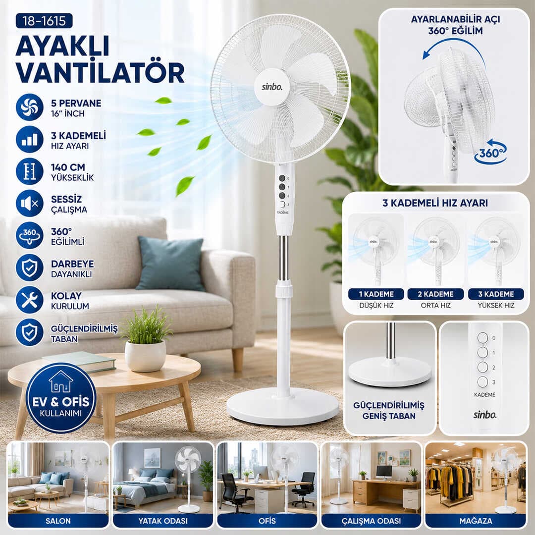 BEYAZ 5 PERVANE - 16 INC EV - OFİS KOMPAKT - SESSİZ - ÜÇ KADEME 140CM YÜKSEKLİK AYAKLI VANTİLATÖR SF-6789 (5430)