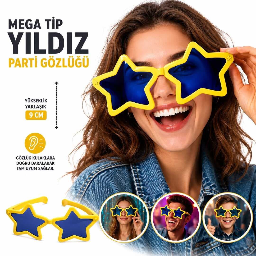 Mega Tip Yıldız Parti Gözlüğü Sarı Renk (5430)