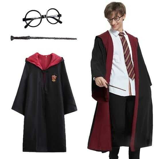 Harry Potter Gryffindor Kapişonlu Çocuk Kostüm + Asa + Gözlük Seti 5-6 Yaş (5430)