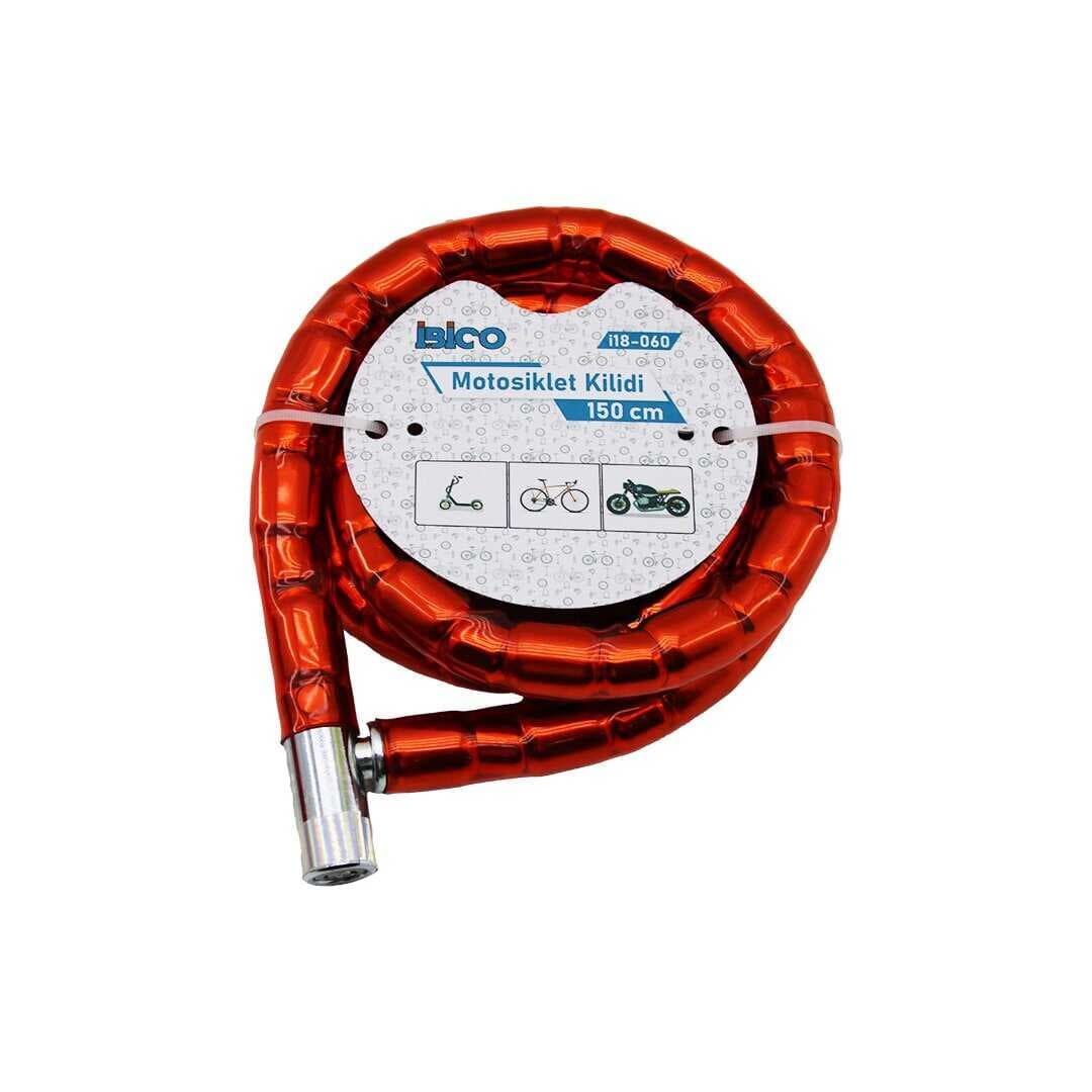 TÜP ANAHTARLI METAL KAFA ÇELİK MOTOR - BİSİKLET KİLİT SİLİNDİRİK SPİRAL KİLİT KIRMIZI KILIF22MM X 150CM (5430)