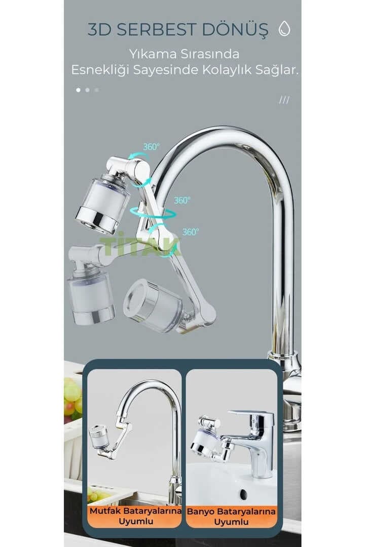 Filtreli Mutfak Banyo Musluk Başlığı 1080 Derece Dönebilen Fonksiyonel Evrensel Büyük Boy