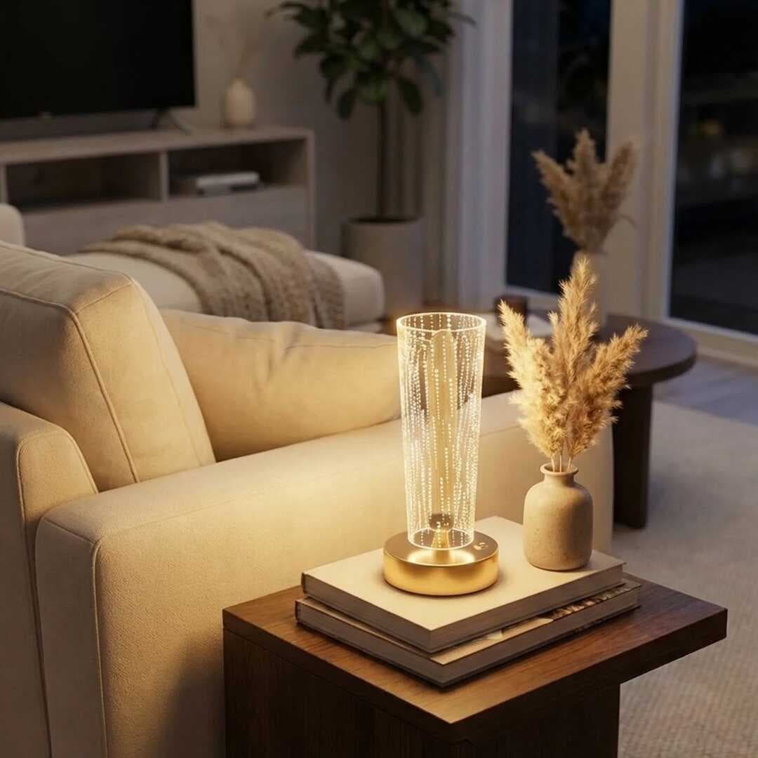 Silindirik Kristal Nokta Model LED Masa Lambası – Gold Tabanlı, Dokunmatik, 3 Renk Işık Modlu, Şarjlı Modern Dekoratif Gece Lambası (5430)