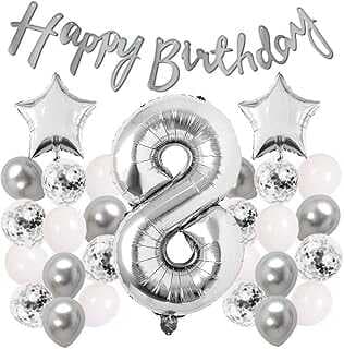 Patladı Gitti Gümüş Kosept Doğum Güü Kutlama Seti Beyaz Gümüş Kofetili Balo Rakam Yıldız Folyo ve Baer (8 Yaş)