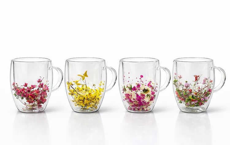 Çift Camlı Çiçekli Borosilikat Kupa Bardak
