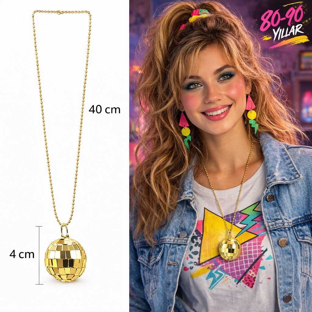 Retro Disko Topu Şekilli 80&amp;apos;ler 90&amp;apos;lar Altın Renk Plastik Kolye (5430)