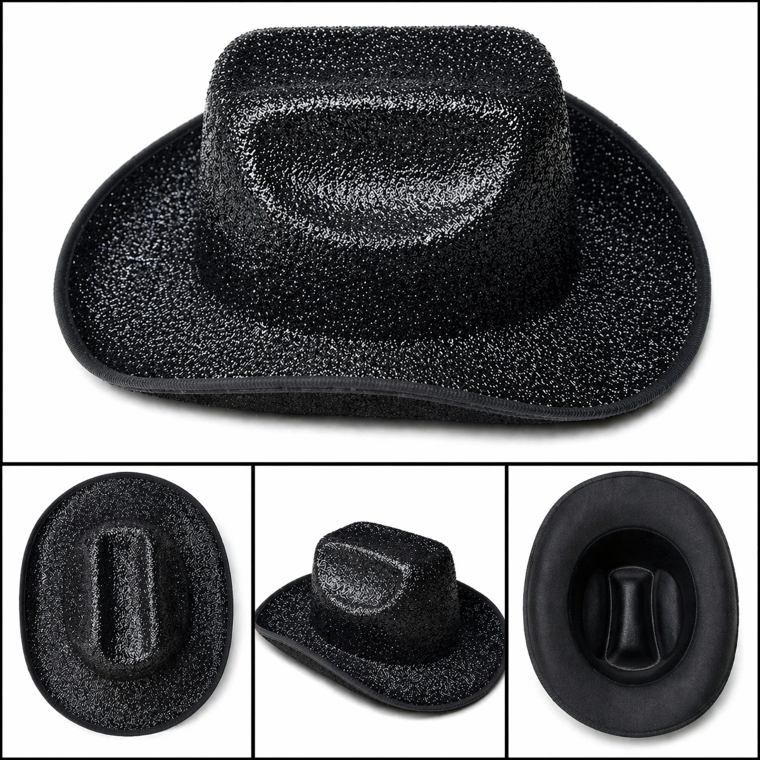 Parlak Siyah Kovboy Şapka Kadın Erkek Parti Disco Festival Şapkası