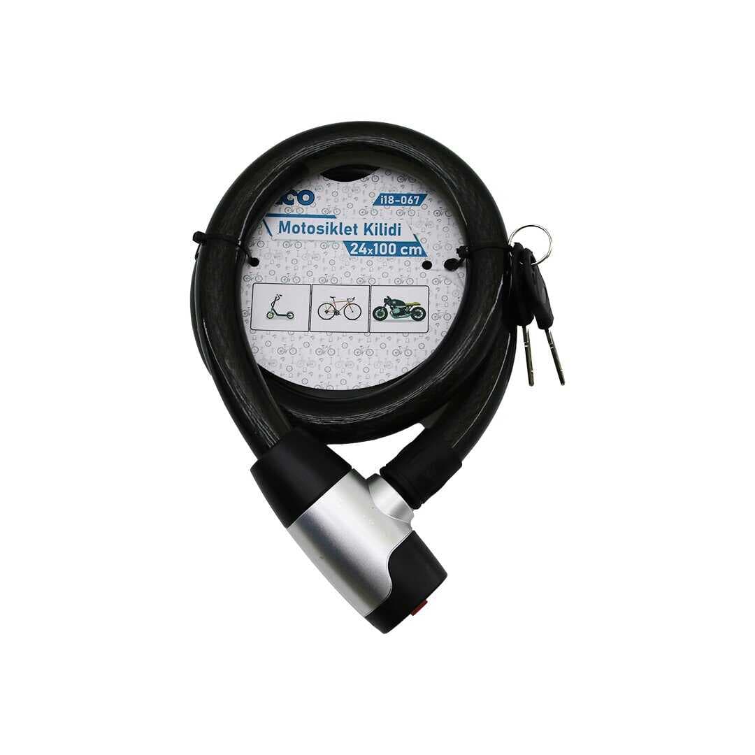 ANAHTARLI METAL KAPLAMA KAFA ÇEK-İT KİLİT KAPAK MOTOR - BİSİKLET KİLİT ÇELİK TEL SİYAH ŞEFFAF KILIF 24MMX100CM (5430)