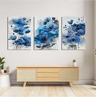 GAAGART 3'lü Kavas Duvar Tablosu Seti Soft Mavi Çiçekler 70 x 100 gartM1927
