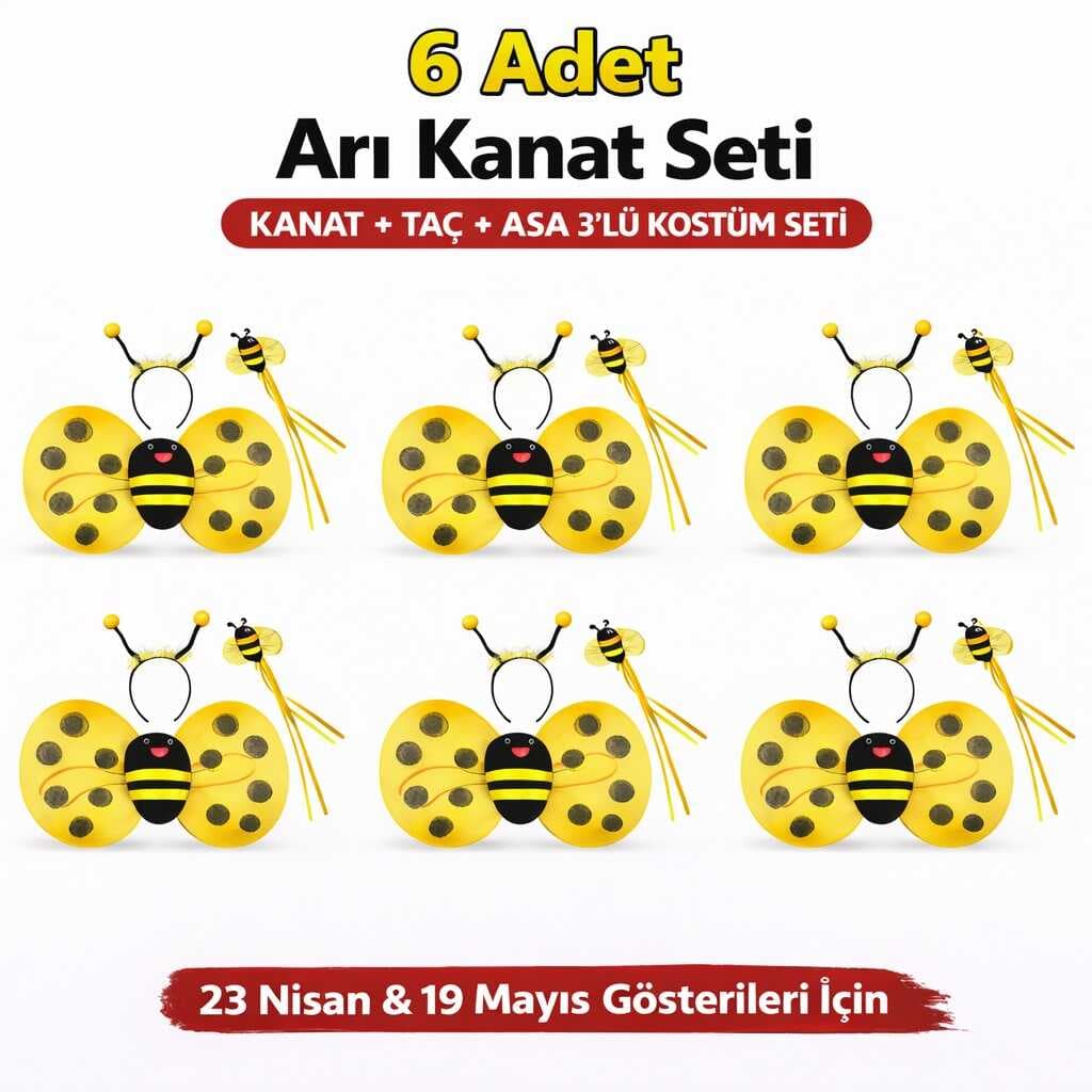6&amp;apos;lı Arı Kostüm Seti – Kanat Taç Asa (5430)