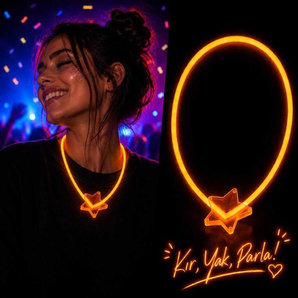 Glow Yıldız Kolye Neon Fosforlu Işıklı Kolye Turuncu Renk