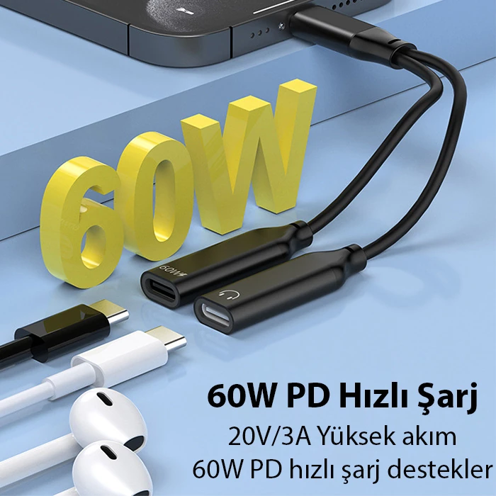 Ally İphone 15 İçin Type-c Şarj + kulaklık 2İn1 Çevirici Adaptör 60W-(5775)