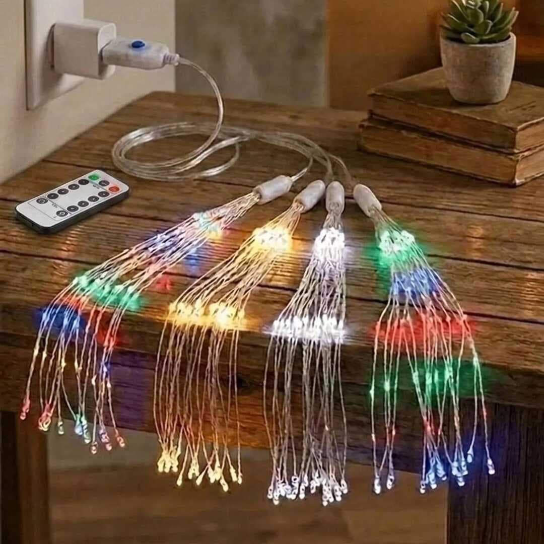 4’lü Açılır LED Işık Seti – 8 Farklı Işık Modlu, Kumandalı, USB Kablolu Renkli Dekoratif Fiber LED Lamba (5430)