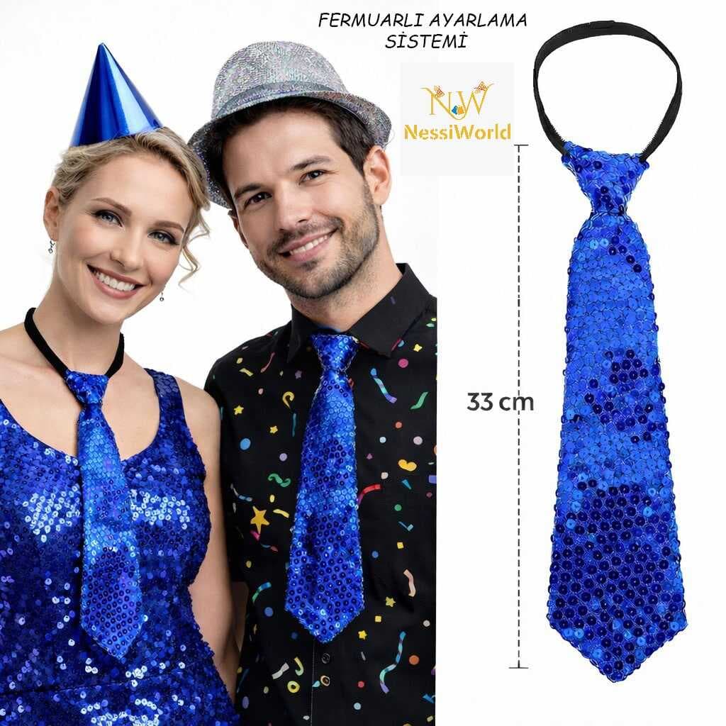 Mavi Pul Payetli Işıltılı Parti Kravatı 33 cm