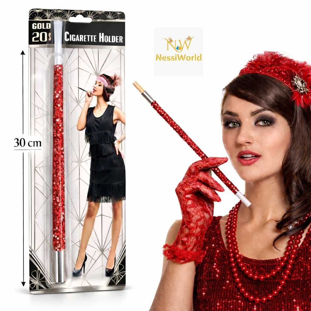 30 cm Kırmızı Payetli Sigara Tutacağı – 1920’ler Gatsby Parti Aksesuarı