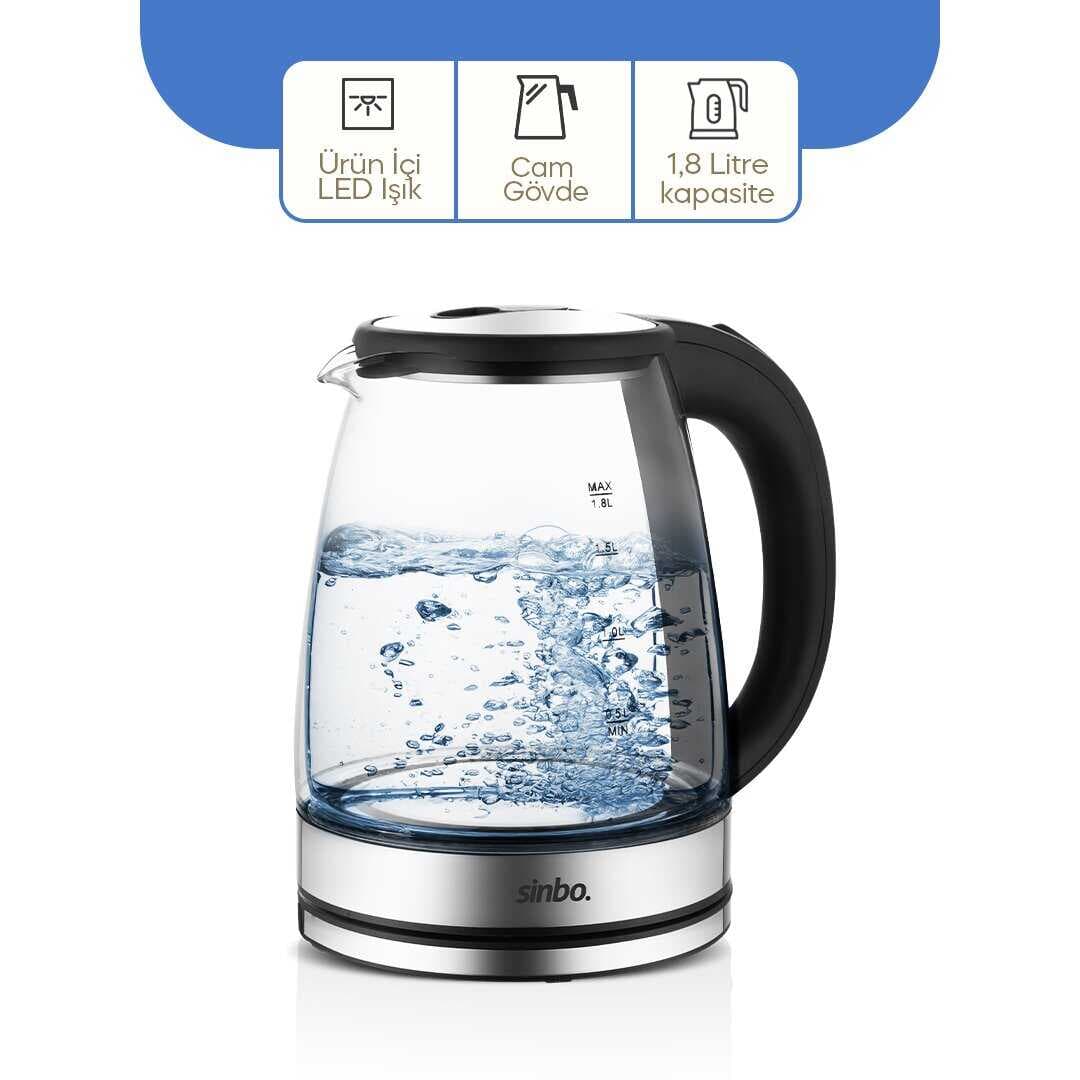 CAM - LEDLİ KETTLE 1.8LT  GİZLİ REZİSTANS - KABLOSUZ 360 DERECE GÖVDE 1500W SK-8033 (5430)