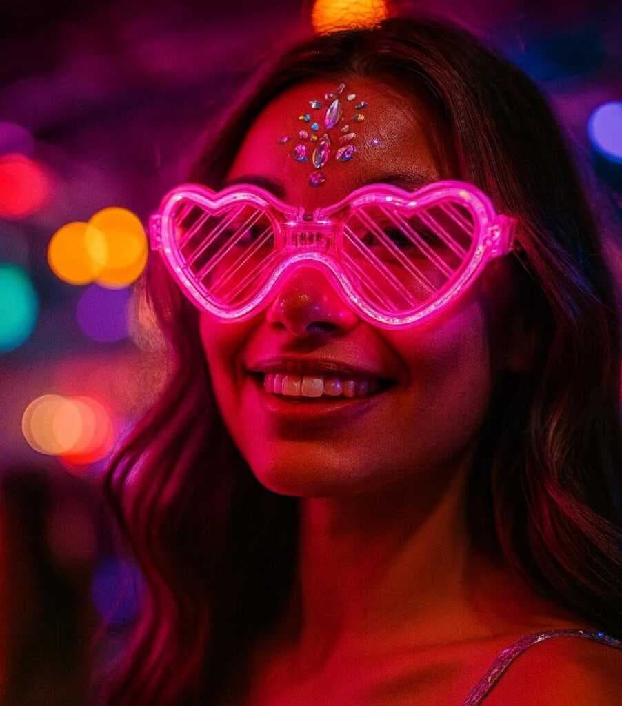 Pembe LED Işıklı Kalp Gözlük – 3 Modlu Parti &