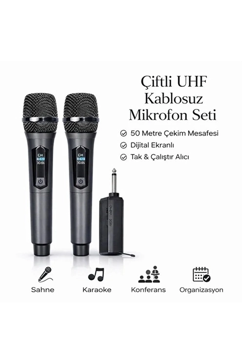 Profesyonel Çiftli Kablosuz Mikrofon Seti Karaoke Şarj Edilebilir 50 Metre