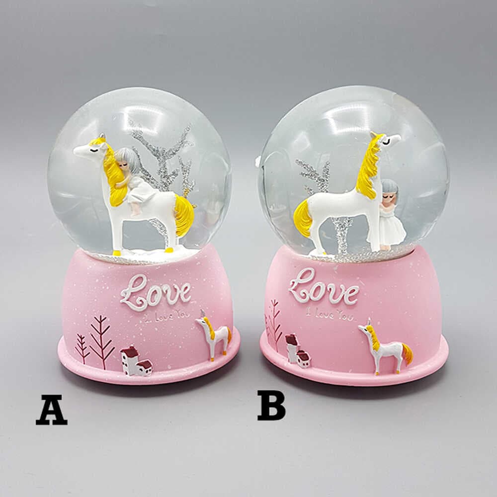 Mini Pembe Kar Küresi - Sevimli Unicorn ve Kız Tasarımlı - Işıklı