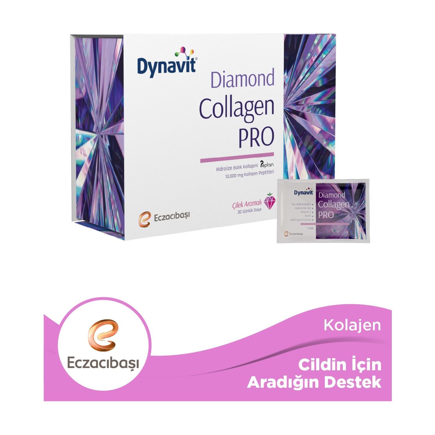 Dynavit Diamond Collagen Pro Çilek Aromalı Hidrolize Balık Kolajeni 30 Saşe