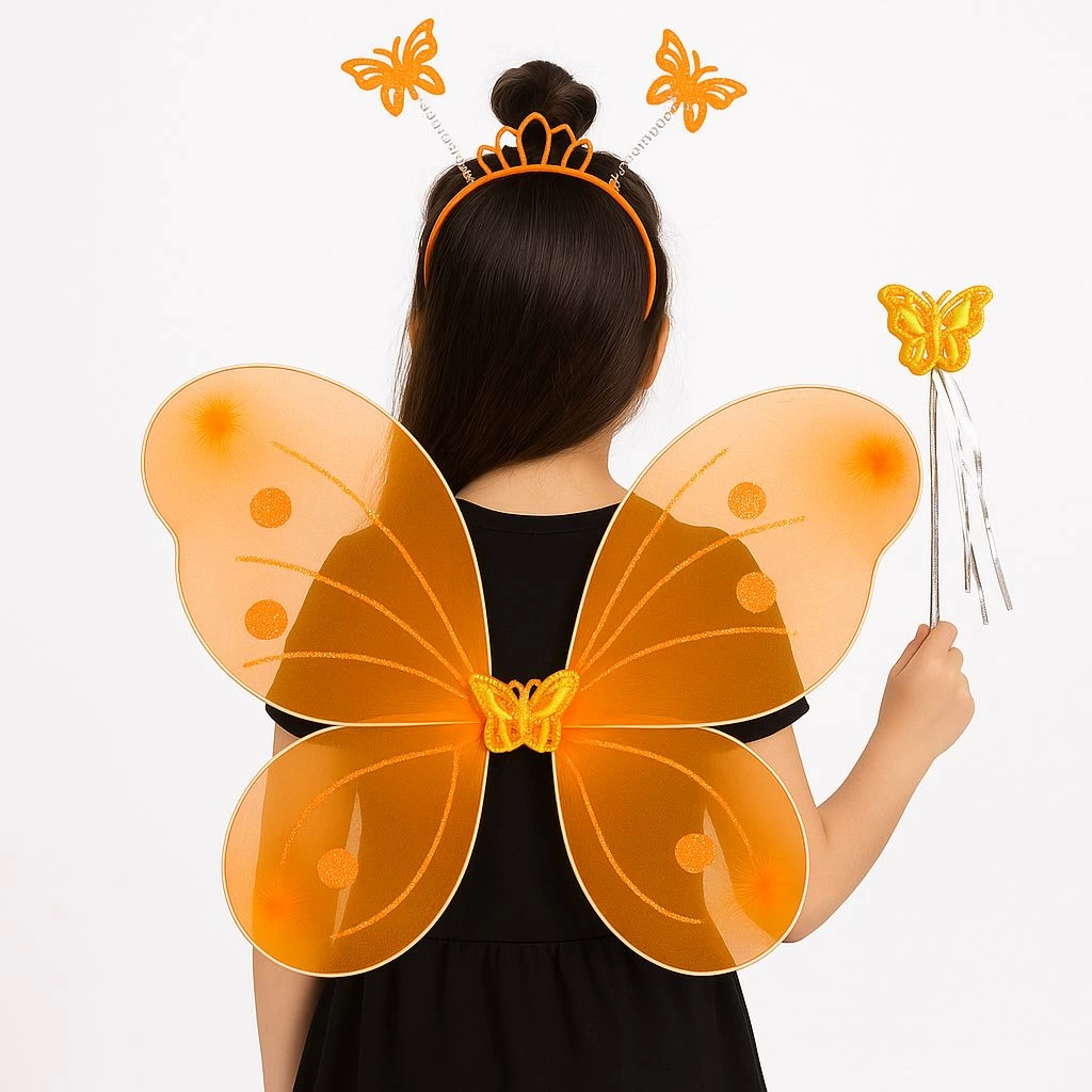 Turuncu Kelebek Kız Seti – 50 Cm Kelebek Kanadı, Taç Ve Asa