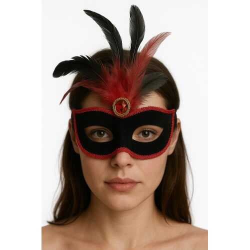 Kırmızı Dantelli Siyah Kırmızı Tüylü Siyah Süet Kaplama Parti Maskesi 17x25 cm