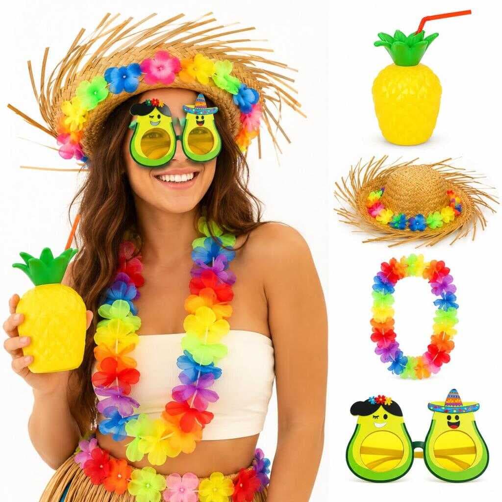 Hawaii Parti Seti Ananas Bardak Hasır Şapka Avokado Gözlük Çiçek Kolye