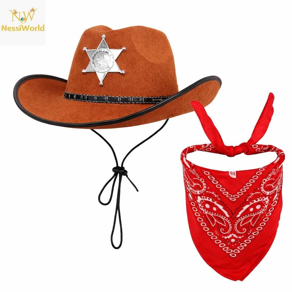 Çocuk Kovboy Şapka Rozetli Kahverengi &amp; Kırmızı Bandana Seti