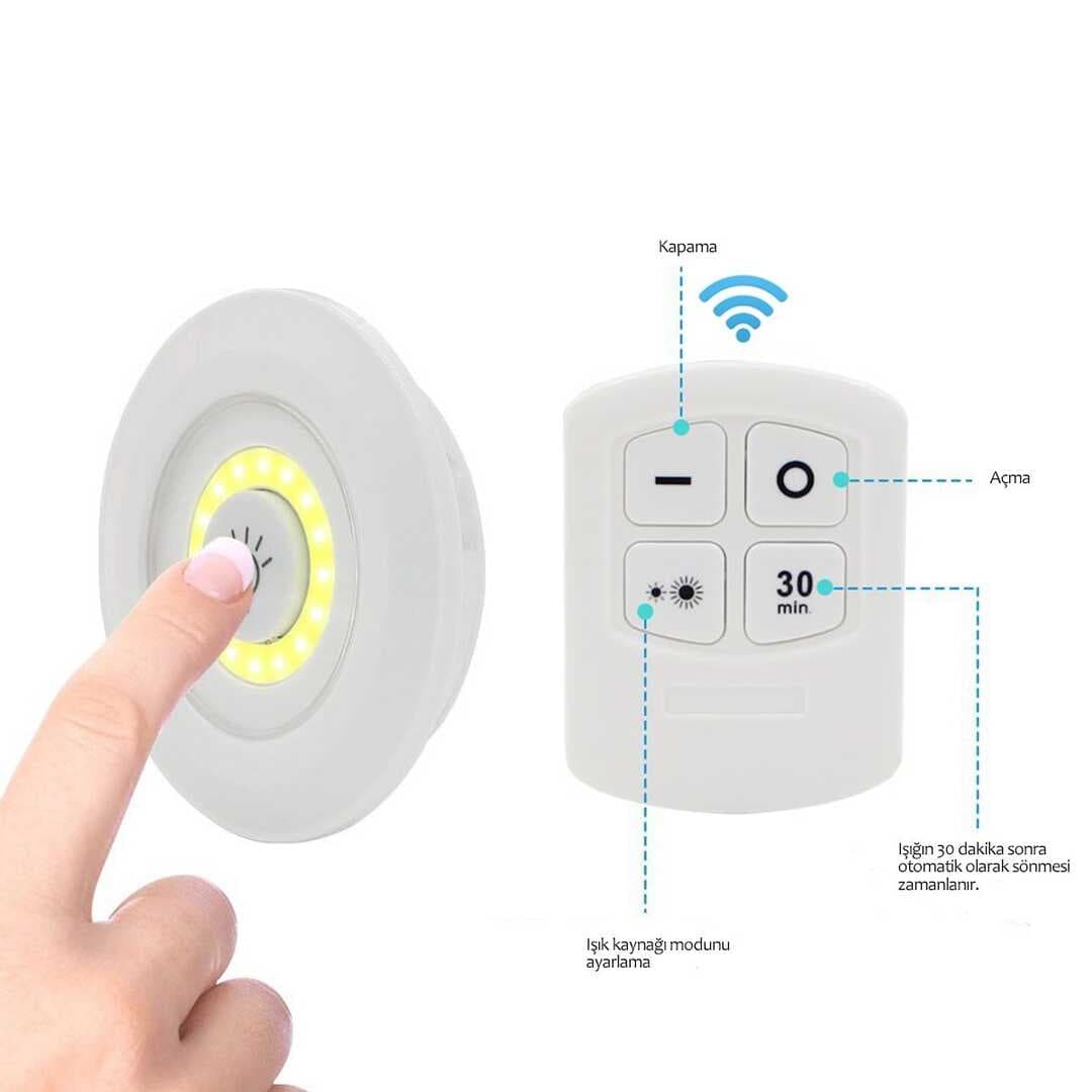 3&apos;lü Uzaktan Kumandalı Pilli Yapışkanlı Kablosuz Led Spot Lambalar (4767)