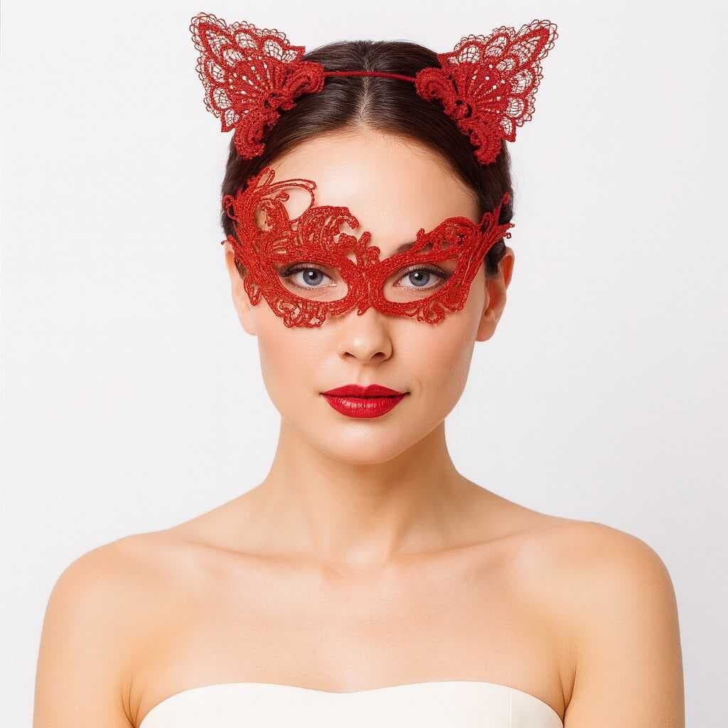 Nessiworld Gizemli Kırmızı Dantel Maske ve Taç Seti 1 No - Kostüm Seti